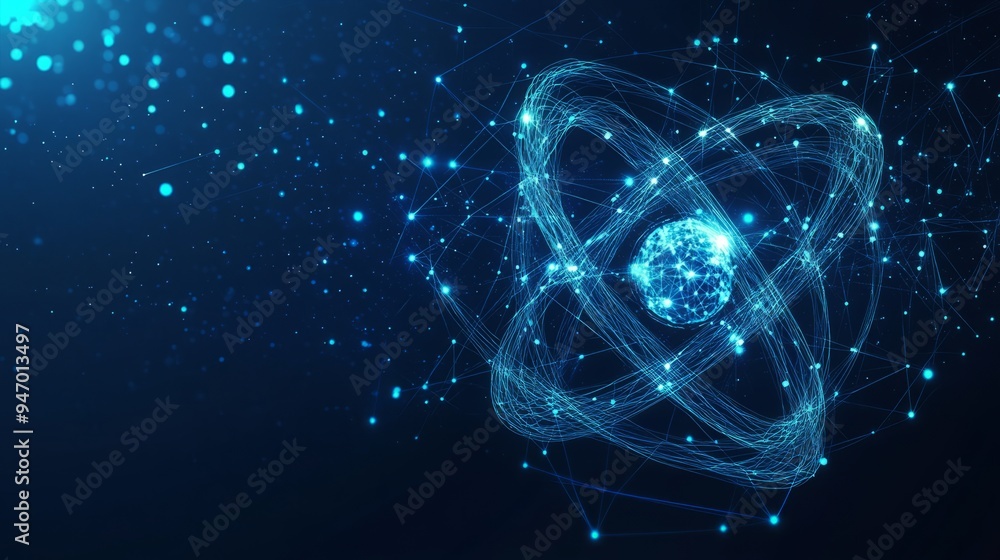 Abstract atom cosmic icon or symbol. Nuclear science concept on technology blue background. Atom or molecule with light orbits and bright sparkles in blue polygonal style. Digital vector illustration. Abstract atom cosmic icon or symbol. Nuclear science concept on technology blue background. Atom or molecule with light orbits and bright sparkles in blue polygonal style. Digital vector illustration.