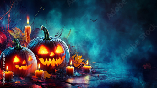 Spooky jack-o'-lanterns glowing surrounded by darkness, creating a haunting and atmospheric Halloween scene.