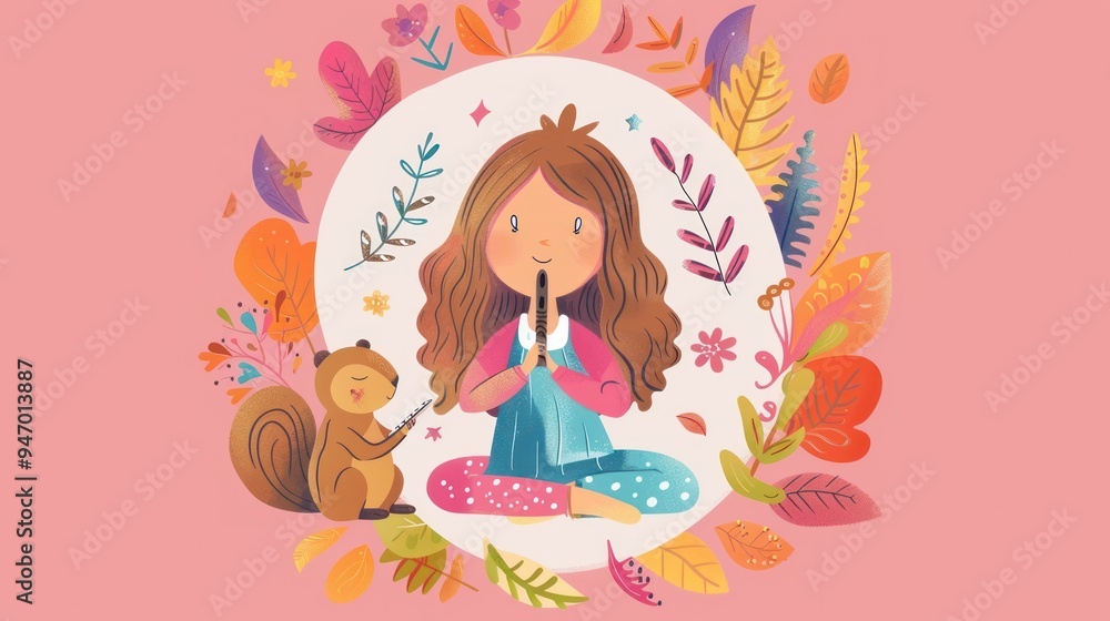Cute girl playing flute with squirrel surrounded by autumn leaves. Cute girl playing flute with squirrel surrounded by autumn leaves.