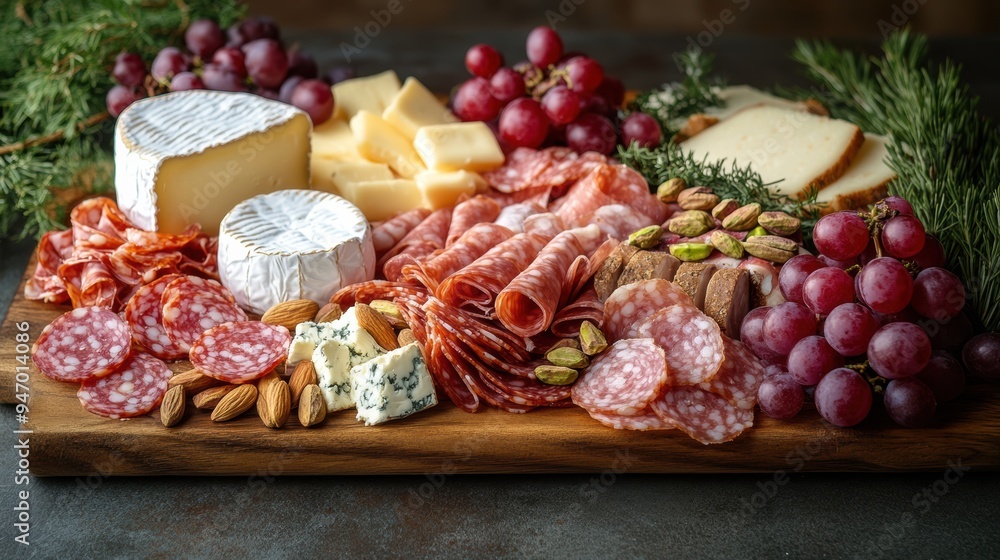 A lavish spread of cheeses, cured meats, nuts, and grapes on a wooden board, beautifully presented with greens for an appetizing and festive culinary experience. A lavish spread of cheeses, cured meats, nuts, and grapes on a wooden board, beautifully presented with greens for an appetizing and festive culinary experience.