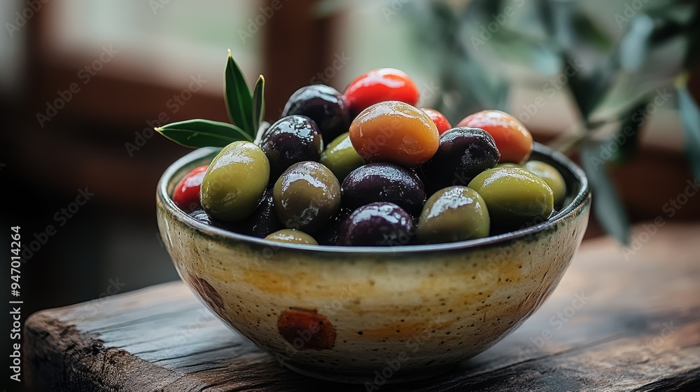 A bowl of assorted olives in different shades of green and purple, set on a rustic wooden surface, emphasizing texture and natural beauty. A bowl of assorted olives in different shades of green and purple, set on a rustic wooden surface, emphasizing texture and natural beauty.