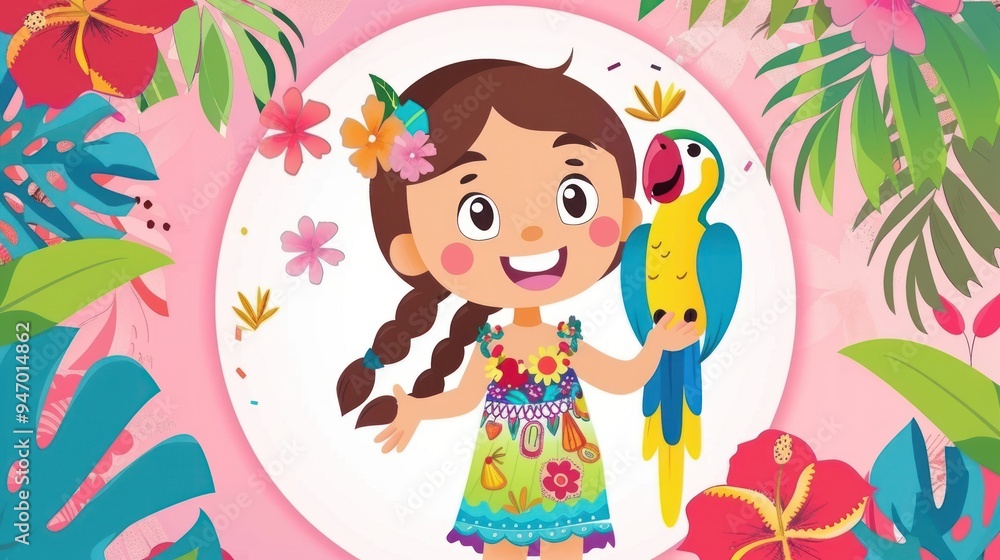 Smiling girl with parrot in tropical flower setting. Smiling girl with parrot in tropical flower setting.