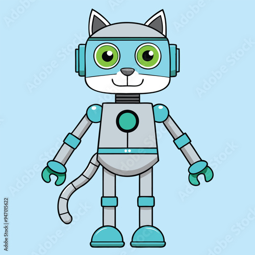 Cute cartoon robot with green eyes. Vector illustration on blue background.