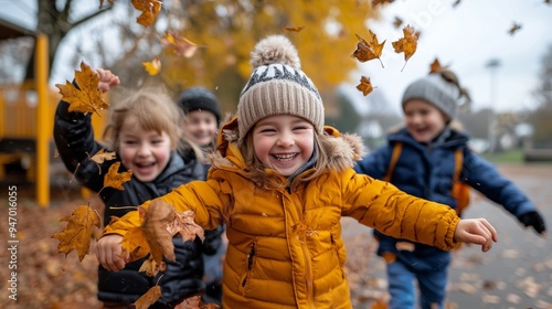 Happy Kids Playing in Autumn Leaves