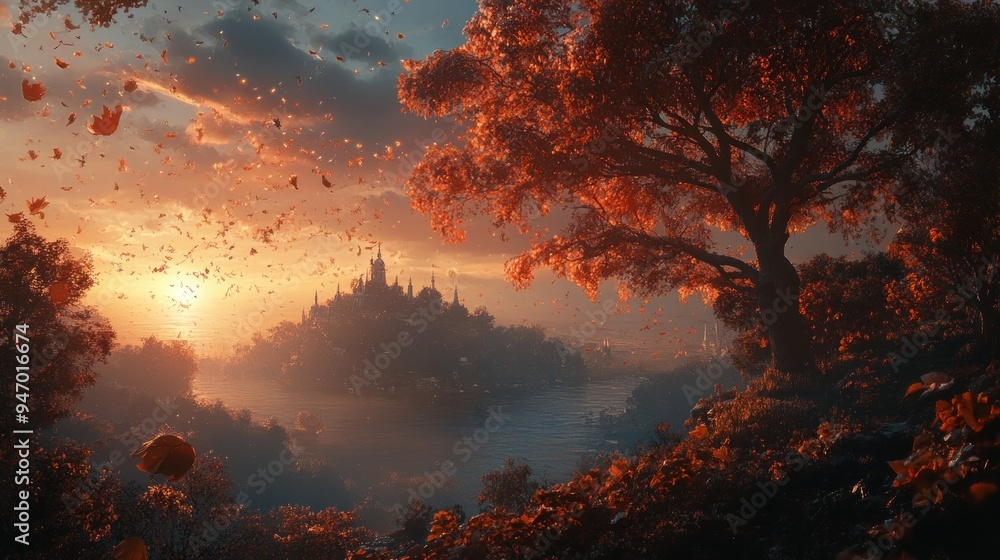 A Fantasy Cityscape with Falling Leaves at Sunset A Fantasy Cityscape with Falling Leaves at Sunset