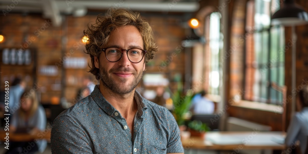 Fototapeta premium A cheerful young man with curly hair, wearing glasses, smiling confidently in a trendy co-working space with exposed brick walls and large windows