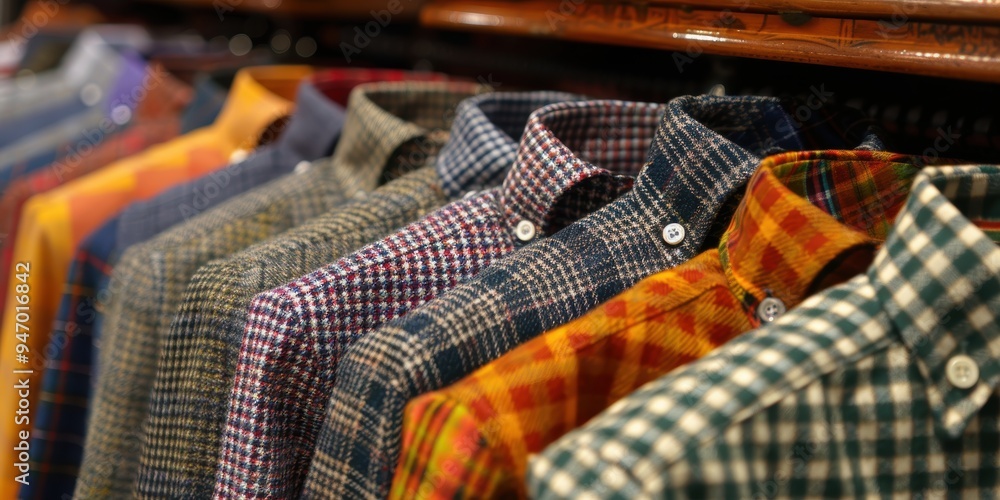 A close-up view of a clothing rack showcasing an array of colorful plaid shirts neatly arranged in a clothing store A close-up view of a clothing rack showcasing an array of colorful plaid shirts neatly arranged in a clothing store