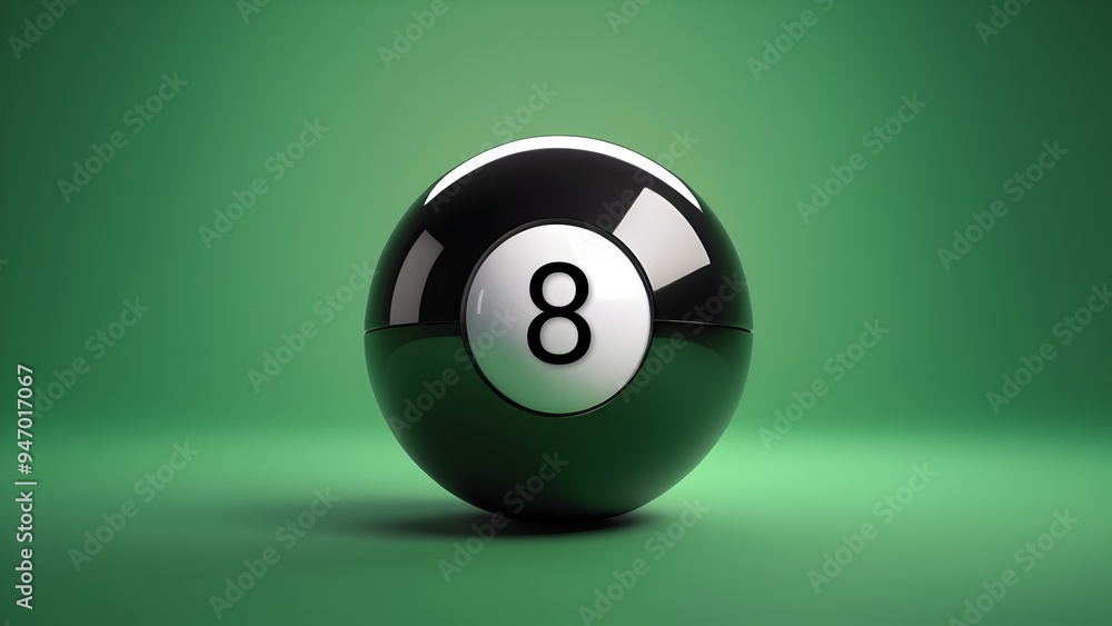 A glossy black billiard snooker ball sits centered on a gradient green background with the number 8 clearly visible in white on the ball. A glossy black billiard snooker ball sits centered on a gradient green background with the number 8 clearly visible in white on the ball.