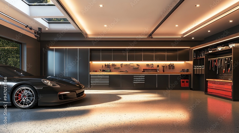 Modern Garage with a Sleek Black Car Modern Garage with a Sleek Black Car
