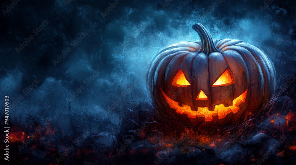 A chilling jack-o'-lantern with glowing eyes and a dark, ominous background. A chilling jack-o'-lantern with glowing eyes and a dark, ominous background.