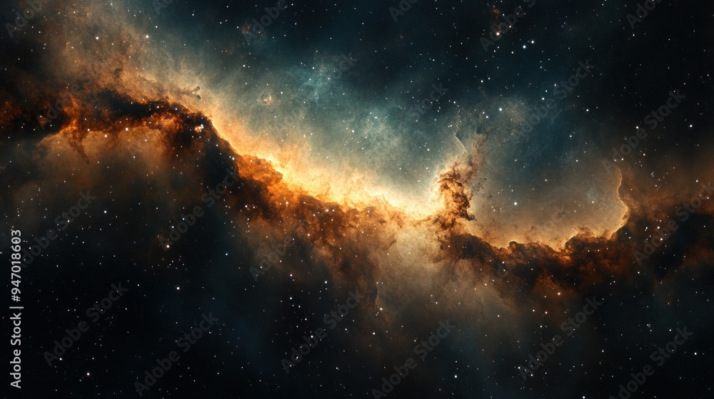 A swirling nebula in a star-filled sky with hues of orange, yellow, and blue. A swirling nebula in a star-filled sky with hues of orange, yellow, and blue.