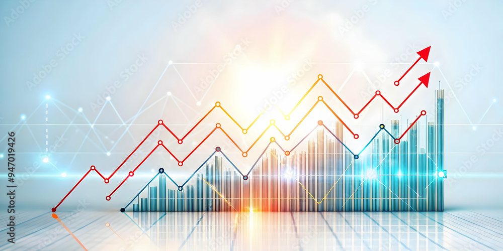Flat Glowing Abstract Arrow Pointing Upward with Financial Data Streams Concept - Symbolizing Market Growth and Upward Trends in Smart Business Tone - Simple Flat Vector Illustration (138 characters) Flat Glowing Abstract Arrow Pointing Upward with Financial Data Streams Concept - Symbolizing Market Growth and Upward Trends in Smart Business Tone - Simple Flat Vector Illustration (138 characters)