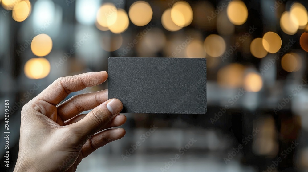 A Hand Holding a Blank Black Card Against a Blurred Background of Warm Lights A Hand Holding a Blank Black Card Against a Blurred Background of Warm Lights