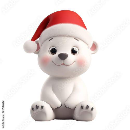 Adorable baby polar bear wearing santa hat isolated on transparent background. 