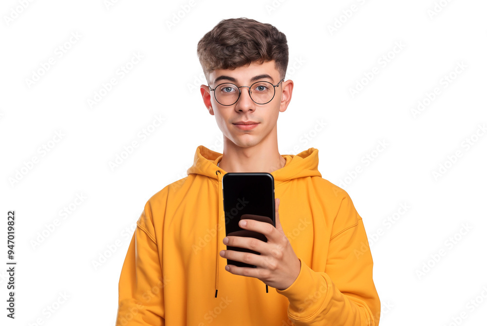 Portrait of a young man smiling with a mobile phone, isolated on transparent background Portrait of a young man smiling with a mobile phone, isolated on transparent background