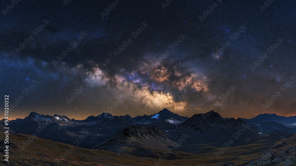 Milky Way Galaxy Over Snowy Mountain Range at Night Milky Way Galaxy Over Snowy Mountain Range at Night