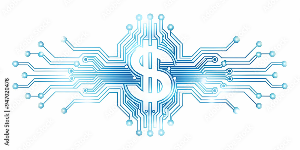 Obraz premium Flat Glowing Abstract Circuit Forming Dollar Sign with Streaming Data Concept - Integration of Finance and Technology in Smart Business Tone [Illustration]