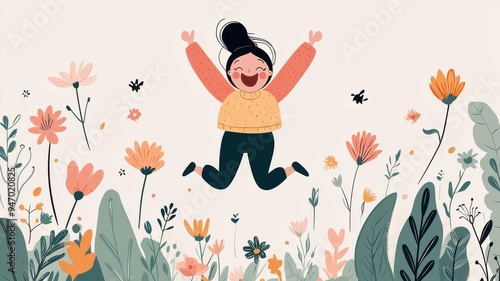 Stylized figure of a woman jumping joyfully in a meadow with wildflowers, energetic motion, warm pastel colors