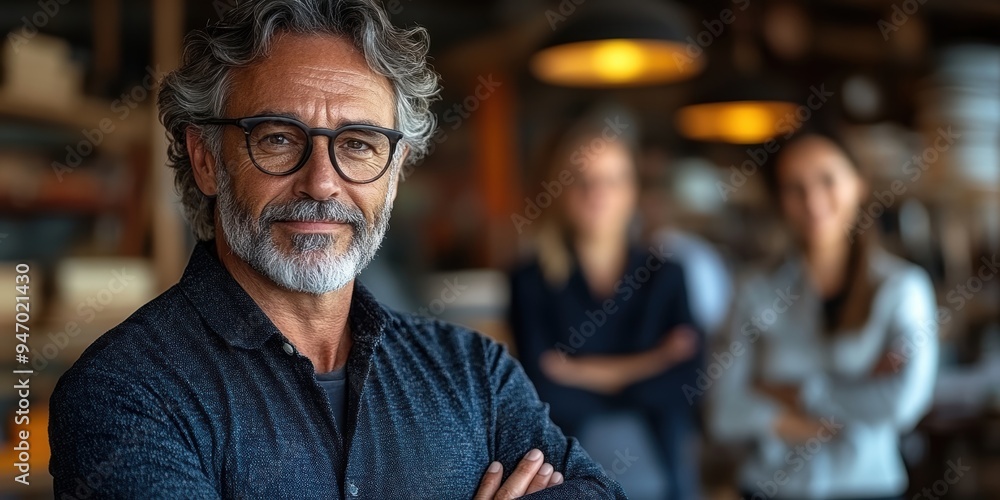 A confident mature man with gray hair and beard wearing glasses stands with arms crossed in an office setting with colleagues in the background A confident mature man with gray hair and beard wearing glasses stands with arms crossed in an office setting with colleagues in the background