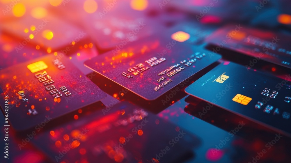 Multiple floating credit cards with subscription symbols, global payment systems, online finance Multiple floating credit cards with subscription symbols, global payment systems, online finance