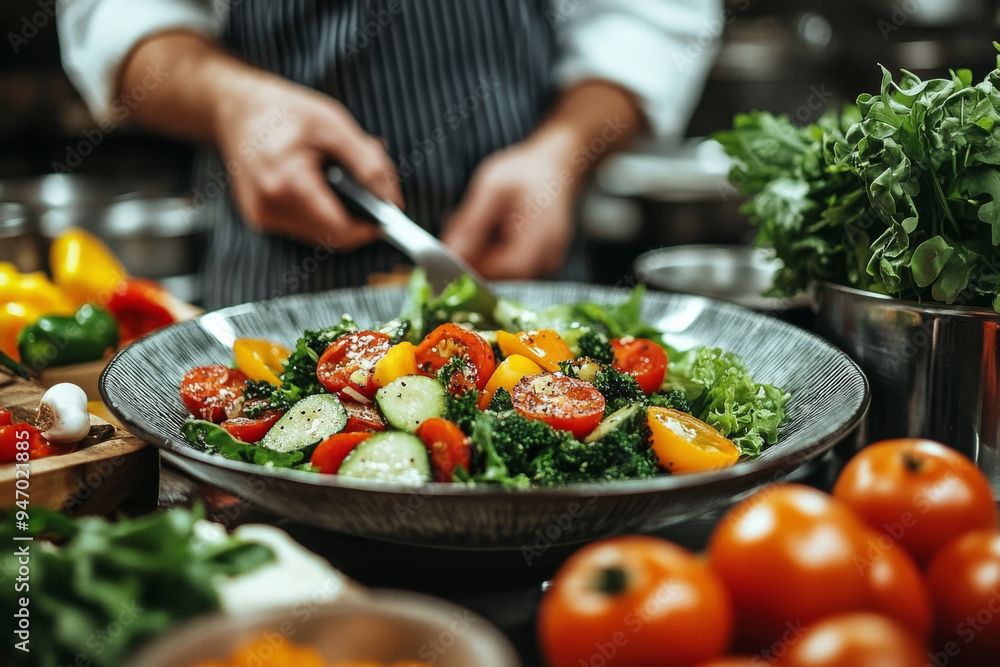 A chef is cutting up a salad with a knife A chef is cutting up a salad with a knife