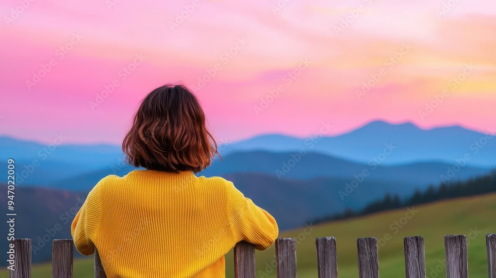 Fototapeta premium Woman leaning on a fence, gazing at the distant mountains at sunrise, contemplative mood, pastel tones