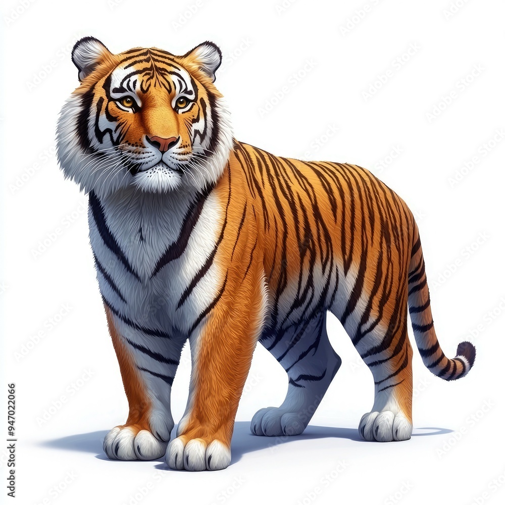 A Majestic Tiger Standing with Its Stripes on Display A Majestic Tiger Standing with Its Stripes on Display