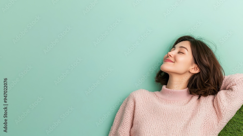 Woman reclining on a grassy knoll, looking up at the sky with a peaceful smile, relaxed posture, pastel colors Woman reclining on a grassy knoll, looking up at the sky with a peaceful smile, relaxed posture, pastel colors
