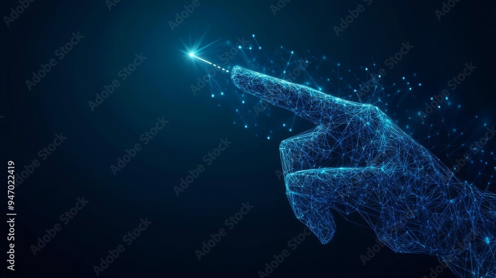 Abstract close-up of hand pointing at glowing business chart consisting of arrows up on dark blue technology background background. Futuristic low poly wireframe vector stock, market, trade concept Abstract close-up of hand pointing at glowing business chart consisting of arrows up on dark blue technology background background. Futuristic low poly wireframe vector stock, market, trade concept