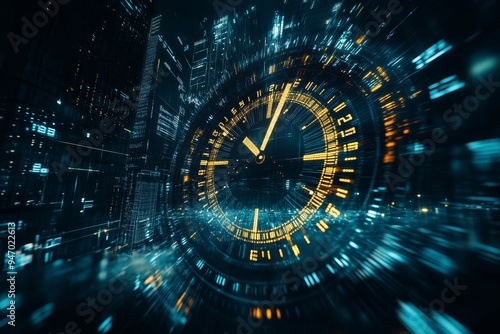 Futuristic clock face ticking amidst a sea of digital data and technology innovations photo