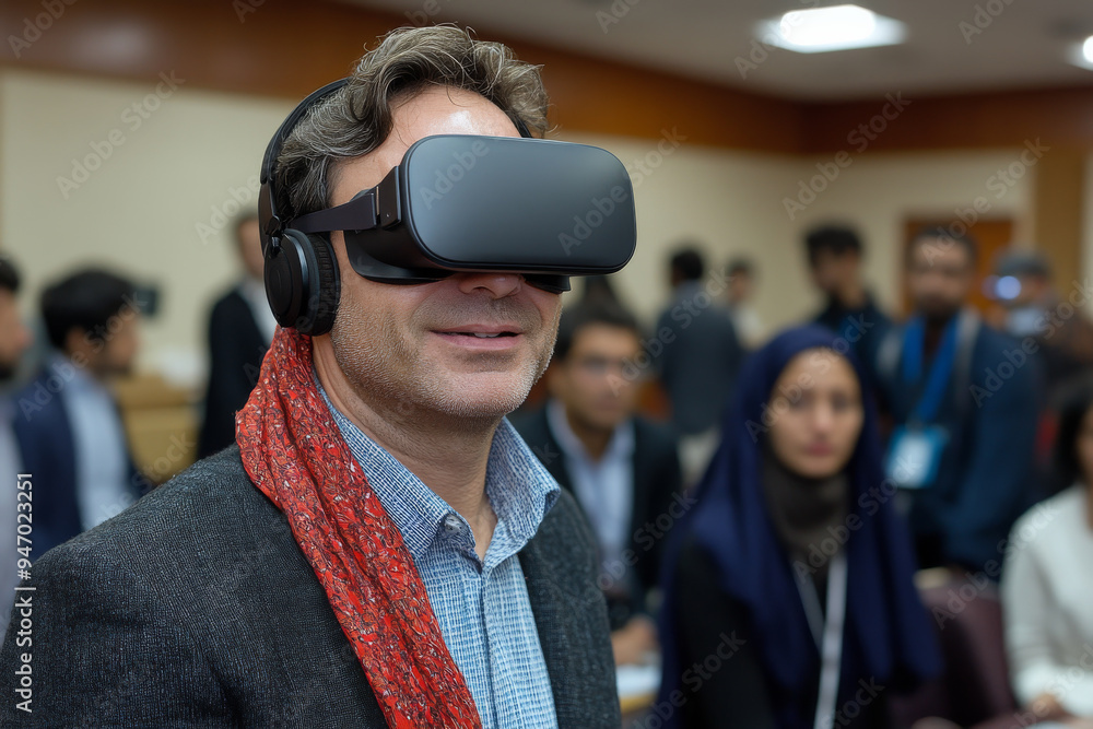A man wearing a black VR headset is smiling at the camera A man wearing a black VR headset is smiling at the camera
