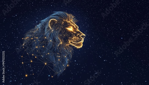 Digital art of the leo constellation illuminated against a starry night sky with cosmic elements