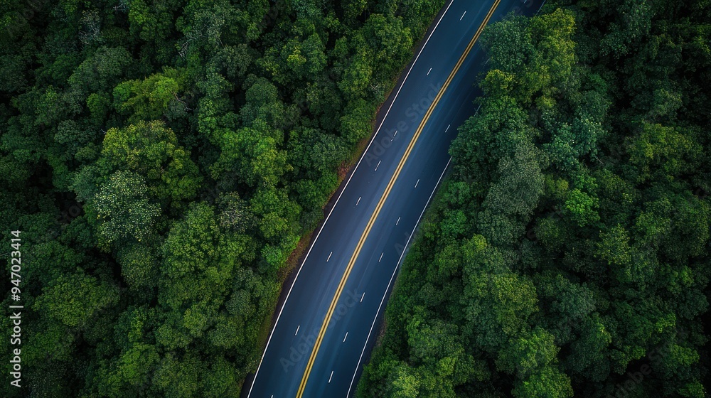 Aerial View of a Winding Road Through a Lush Forest Aerial View of a Winding Road Through a Lush Forest