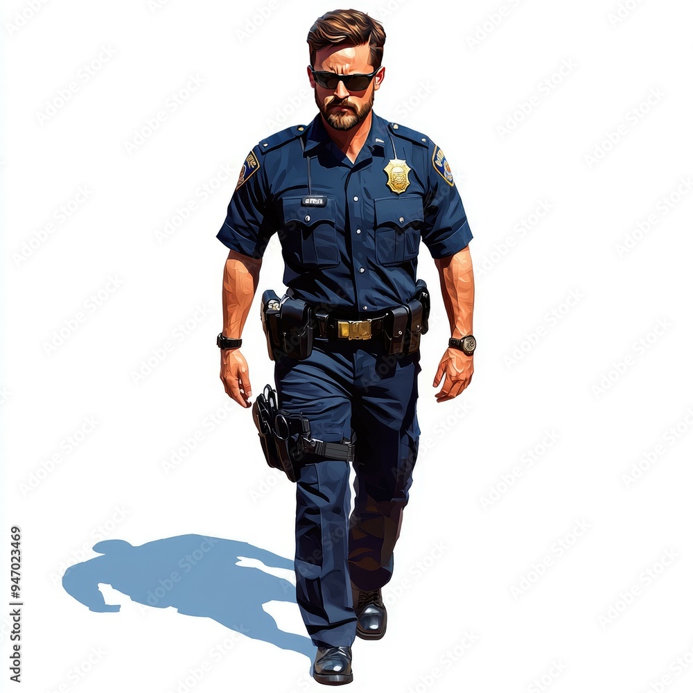 A Police Officer Walking in Uniform with a Serious Expression A Police Officer Walking in Uniform with a Serious Expression