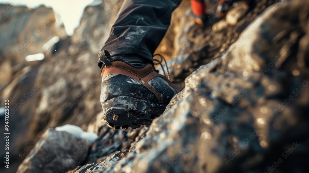 Close-up of hiking boots gripping rock on mountain trail Close-up of hiking boots gripping rock on mountain trail