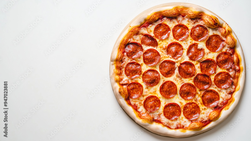 Overhead view of a freshly baked pepperoni pizza with melted cheese and crispy crust, placed on a plain white background Overhead view of a freshly baked pepperoni pizza with melted cheese and crispy crust, placed on a plain white background
