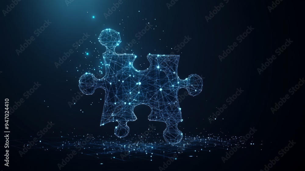 Obraz premium Abstract desktop and jigsaw puzzle on screen. Business solution concept on dark background. Monochrome light blue hologram style. Low poly wireframe vector illustration with connected glowing dots. 
