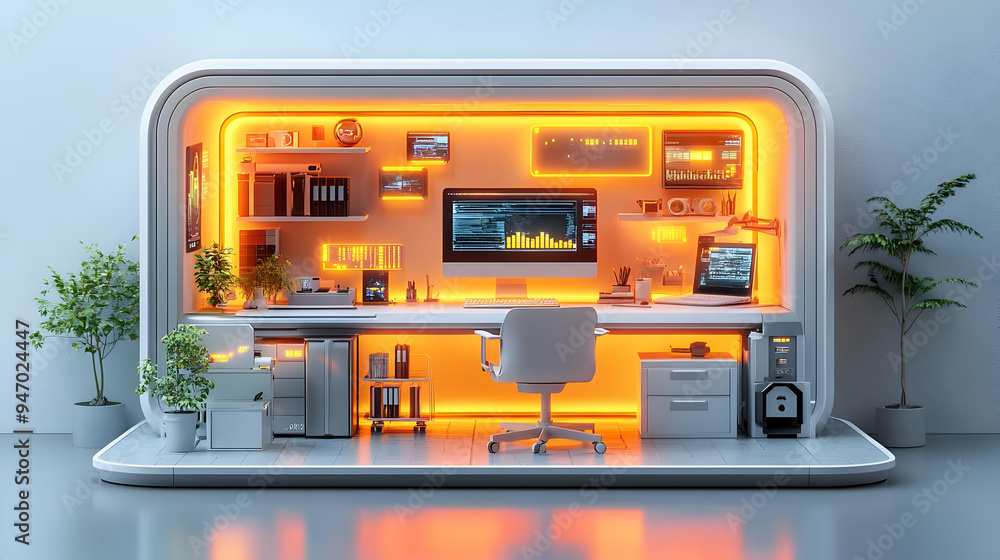 3D Icon Abstract Digital Art: Futuristic Home Office with Holographic Desk Concept Panorama Featuring Innovative Workspace on Isolated White Background 3D Icon Abstract Digital Art: Futuristic Home Office with Holographic Desk Concept Panorama Featuring Innovative Workspace on Isolated White Background