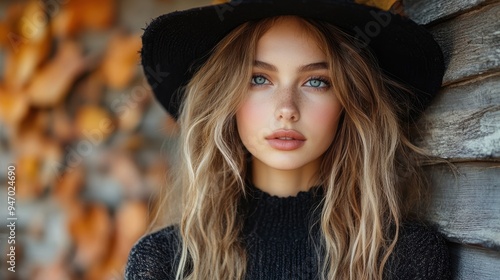 A striking portrait of a young woman with piercing blue eyes and long wavy hair, wearing a black hat, standing against a rustic wooden wall with autumn leaves in the background