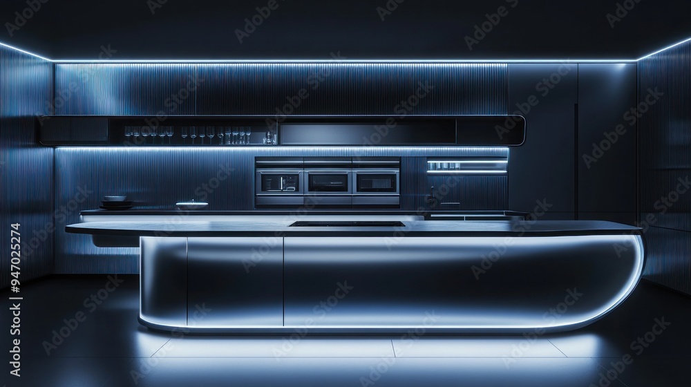 Obraz premium Modern Kitchen Interior Design with Blue Lights