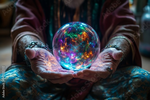 Mystic fortune teller gazing into a clairvoyant crystal ball to foresee the future