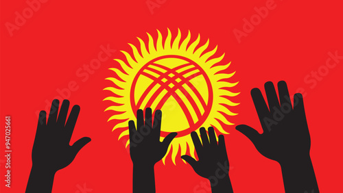 Group of kyrgyzstan people gathering hands vector silhouette, unity or support idea, hand gathering silhouette on kyrgyzstan flag, teamwork and togetherness concept, union of society
