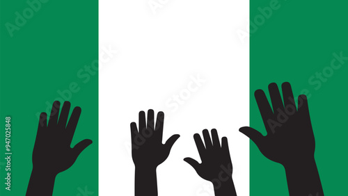 Group of Nigeria people gathering hands vector silhouette, unity or support idea, hand gathering silhouette on Nigeria flag, teamwork and togetherness concept, union of society 