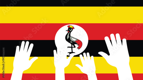 Group of Uganda people gathering hands vector silhouette, unity or support idea, hand gathering silhouette on Uganda flag, teamwork and togetherness concept, union of society
