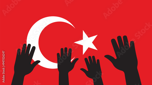 Group of Turkey people gathering hands vector silhouette, unity or support idea, hand gathering silhouette on Turkey flag, teamwork and togetherness concept, union of society
