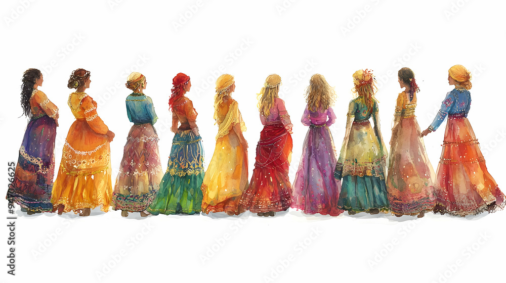 Naklejka premium Watercolor Painting of Women in Colorful Dresses