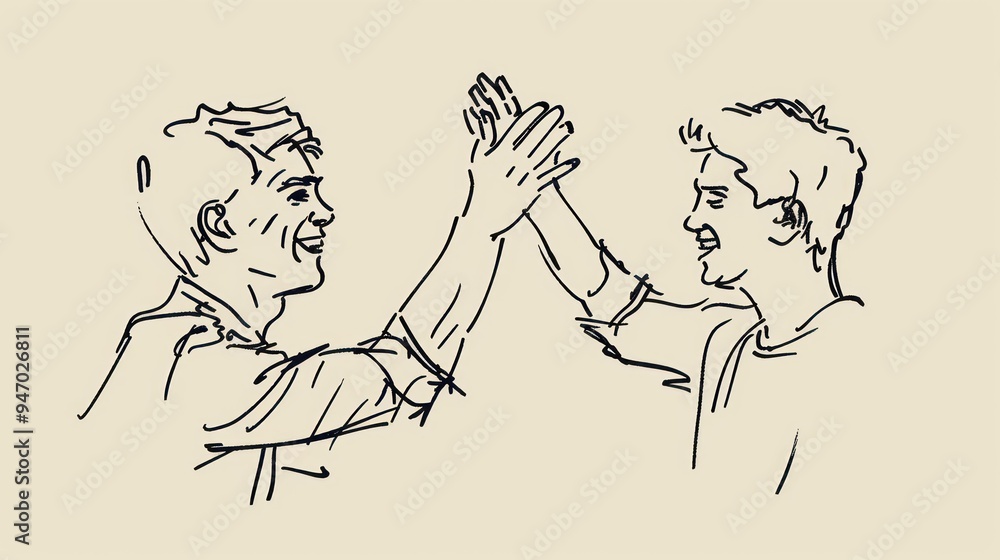 Hand drawn illustration of two people giving each other a high five. Hand drawn illustration of two people giving each other a high five.