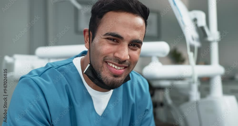 Face, dentist and man in clinic with smile for oral hygiene, teeth whitening and cleaning or checkup. Portrait, medical professional and confidence for tooth health, cavity search or plaque removal Face, dentist and man in clinic with smile for oral hygiene, teeth whitening and cleaning or checkup. Portrait, medical professional and confidence for tooth health, cavity search or plaque removal