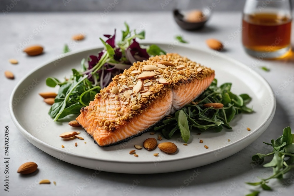 Almond Crusted Salmon: Top-down shot of almond-crusted salmon, served with a small side of greens, all on a plain white plate. Almond Crusted Salmon: Top-down shot of almond-crusted salmon, served with a small side of greens, all on a plain white plate.