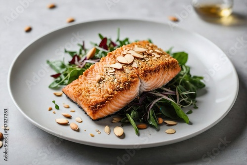 Almond Crusted Salmon: Top-down shot of almond-crusted salmon, served with a small side of greens, all on a plain white plate.